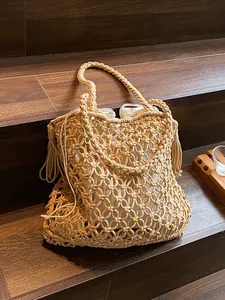 Women Bohemian Woven Tote Bag Cotton Linen Hollow Out Macrame Beach Shoulder Bag With Drawstring Inner Tassel Vacation Handbag
