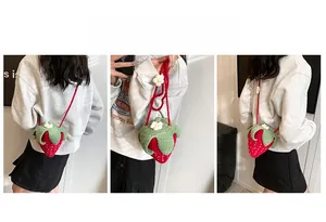Detailed views of strawberry-shaped hand-knitted crossbody bag with white beads