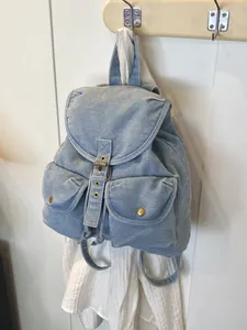 Mochila de Denim Retro para Mujer Casual Gran Capacidad Denim Lavado Bolsa Escolar Con Cordón Solapa Costuras de Contraste