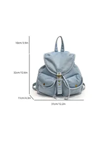 Mochila vintage de mezclilla azul claro para mujer con bolsillos con solapa y correas