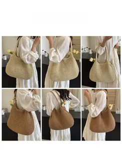 Detail showing high-capacity straw woven tote bags in beige and brown colors