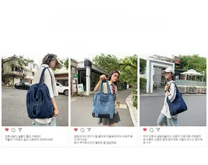 Detail of dark blue denim backpack with utility pockets and convertible tote handles