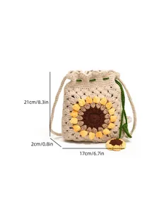 Handmade crochet sunflower drawstring bucket bag with dimensions 21x17cm shown on white background