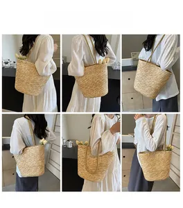 Multiple views of the large straw tote bag shown on a model in a natural home setting