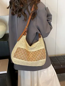 Vacation Style Straw Woven Shoulder Bag For Women Fashion Hollow Out Crossbody Bag With Adjustable PU Leather Strap Hobo