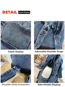 Detail of adjustable straps and side pocket on a vintage denim canvas backpack