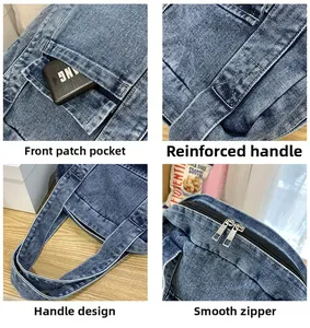 Detail view of denim backpack showing front pocket, reinforced stitching and metal zipper