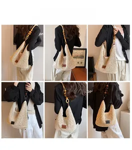 Detailed views of crochet beach bag featuring wooden beads and cream hollow knit texture