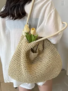 Large capacity straw tote bag for summer beach holidays featuring woven mesh design