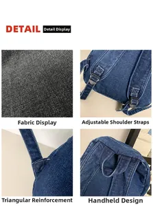 Detailweergave van denim rugzak met versterkte stiksels en verstelbare schouderbanden