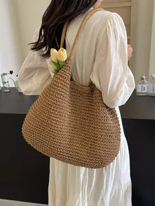 Minimalist large capacity straw woven tote bag for summer beach vacation and daily casual use