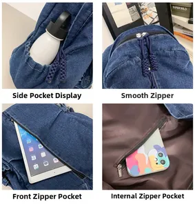 Detail van de denim rugzak met soepele dubbele ritsen en elastische zijzakken