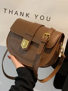 Women Retro PU Leather Saddle Bag With Crocodile Pattern Gold Hardware Stitching Crossbody Shoulder Bag For Daily Fashion