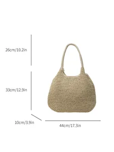 Large hand-woven straw tote bag with dimensions shown for beach or daily casual use
