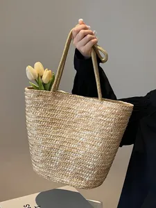 Large capacity French straw woven tote bag with tulip decoration for beach vacation