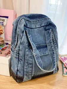 Large capacity vintage denim backpack for school students with adjustable straps