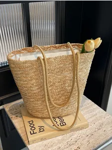 French style straw woven tote bag with large capacity for beach vacations and daily use