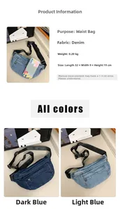 Detail specifications of denim crossbody bag showing dimensions 32x9x19cm and dual colors