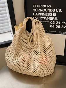 Large capacity woven hollow beach tote bag in cream white for summer commuting
