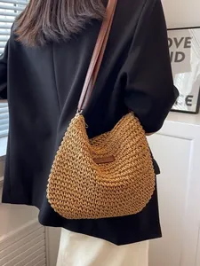Borsa a Spalla in Paglia Intrecciata Vintage Per Donna Borsa a Tracolla Per Vacanze Con Cinturino in Pelle PU Chiusura a Zip
