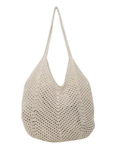 Large capacity hollow crochet knit tote bag in cream white for stylish beach or commute use