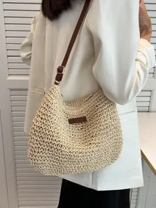Borsa a tracolla vintage in paglia con cinturino in pelle marrone e grande capacità