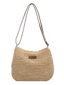Borsa a tracolla vintage in paglia intrecciata con cinturino e toppa in pelle marrone