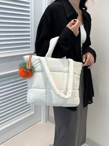 Women Large Capacity Quilted Puffer Tote Bag Lightweight Nylon Padded Shoulder Bag Casual Checkerboard Handbag With Persimmon Pendant