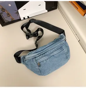Detail of blue washed denim crossbody bag with adjustable strap and zip pocket