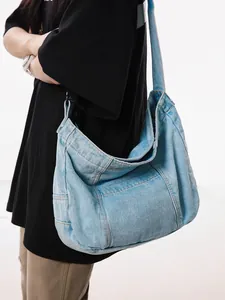 Large Capacity Denim Tote Bag For Women Casual Shoulder Bag Versatile Washed Denim Hobo Bag For School Shopping Commuting