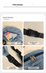 Detail view of denim crossbody bag showing front zipper pocket and adjustable strap buckles