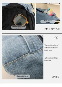 Detail of washed denim sling bag showing interior mesh pocket and back zipper pocket