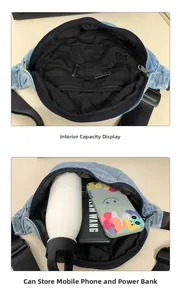 Detail view of denim chest bag interior featuring mesh zip pocket and spacious storage capacity