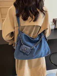 Grand sac cabas en jean vintage avec chaîne argentée et mini pochette pour le quotidien