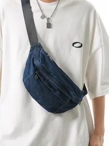 Vintage washed blue denim chest bag with adjustable strap for casual street style