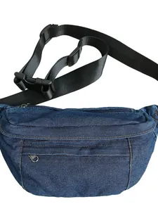 Adjustable dark blue washed denim crossbody chest bag with durable nylon strap