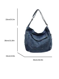 Distressed denim tote bag for women with dimensions 43x30x15cm and large capacity