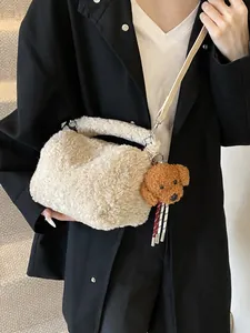 Damen Faux Lammwolle Plüsch Eimertasche Süße Teddy Hund Anhänger Handtasche Winter Kunstpelz Schulter Crossbody Tasche