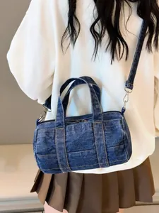 Women Kids Denim Barrel Bag Casual Small Boston Shoulder Crossbody Handbag With Adjustable Strap And Stitching Detail
