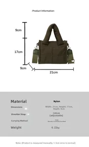 Detailed size guide for olive quilted nylon shoulder bag showing dimensions and crossbody strap