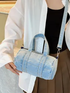 Light blue wash denim cylinder handbag with adjustable strap for women and kids