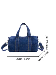 Blue denim barrel handbag for kids and parents with dimensions 25x14x14cm shown
