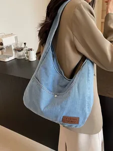 Vintage Women Denim Tote Bag Large Capacity Washed Shoulder Bag Commuter Hobo Handbag Retro Denim Fabric School Bag Shopper