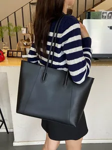 Retro large black leather tote bag for women, perfect for daily commute and college use