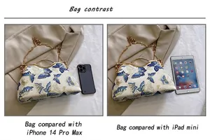 Size comparison of embroidered butterfly bag with iPhone 14 Pro Max and iPad mini