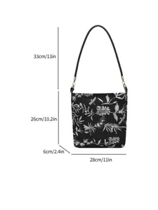 Chinese style embroidered tote bag in black fabric with floral patterns and size guide