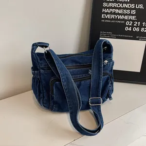 Trendy Washed Denim Crossbody Bag For Women Multi Pocket Casual Vintage Shoulder Bag Messenger Bag For School Travel