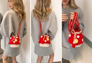 Detailed views of handmade crochet mushroom bucket bag with white polka dots