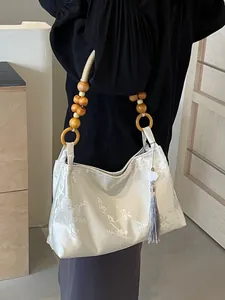 Borsa a Mano in Satin con Ricamo Floreale Nuovo Stile Cinese Manico in Perline di Legno Nappina Borsa a Spalla Etnica Retro