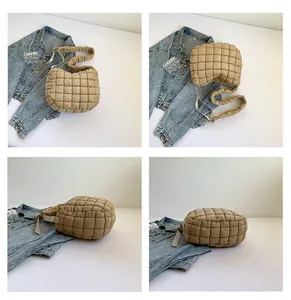 Detailed four-way views of khaki quilted puffer shoulder bag showing texture and structure